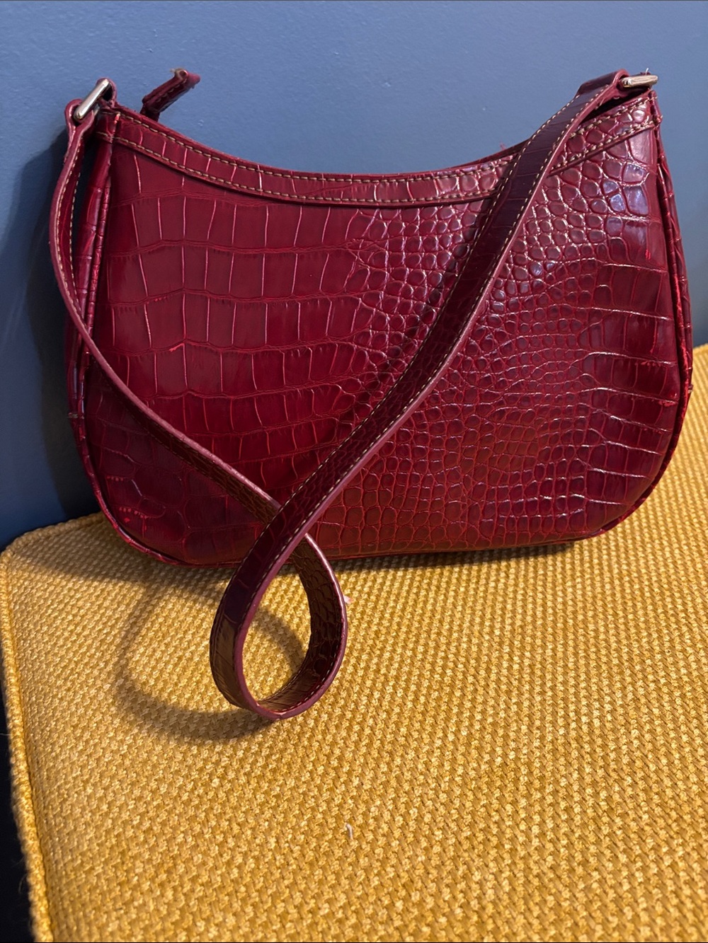 Croc-Embossed Burgundy Shoulder Bag